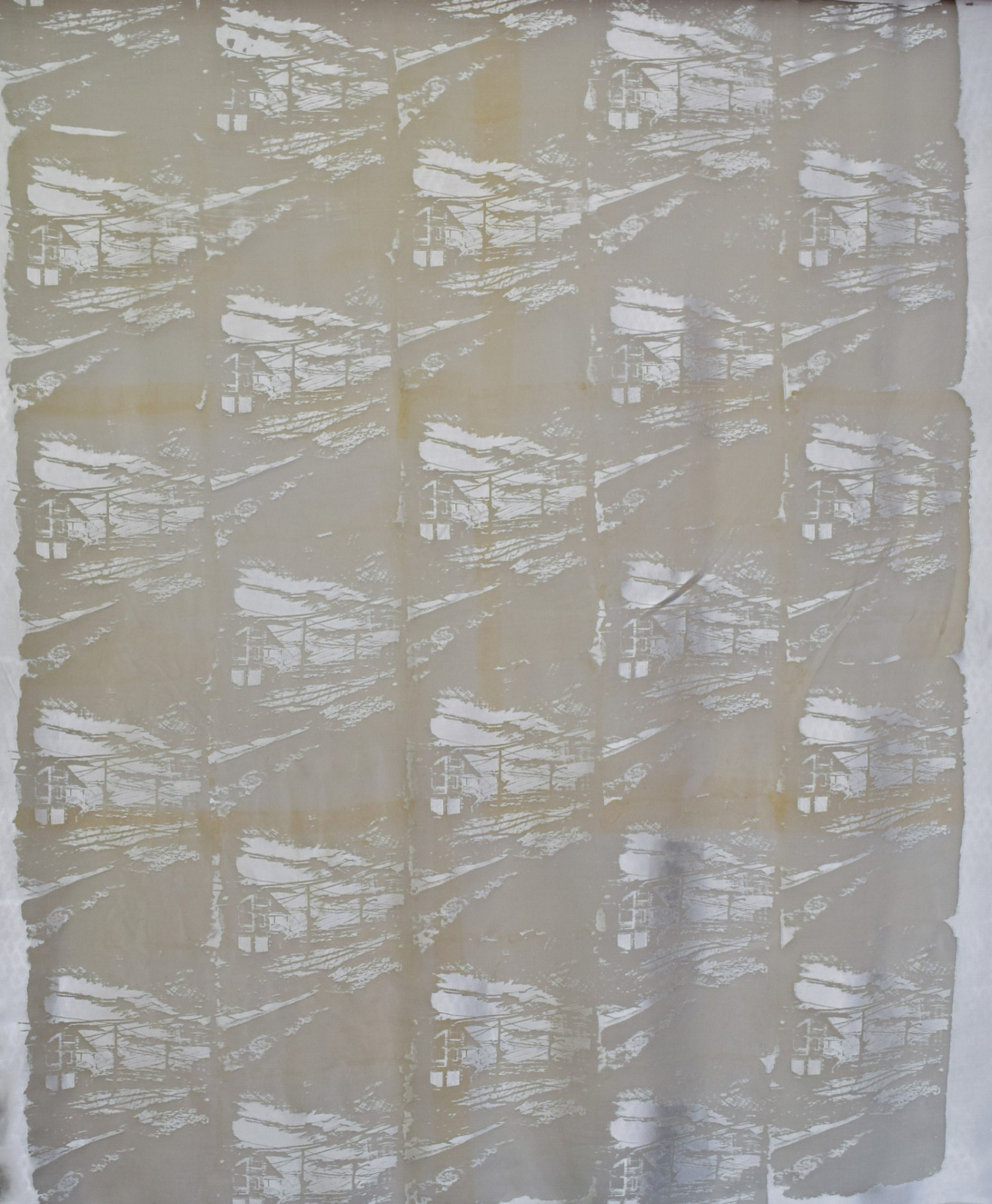 *View from Porch (Repeat in Memory)*, digital drawing screenprint repeat pattern devoré on silk, 97 x 114cm (detail)