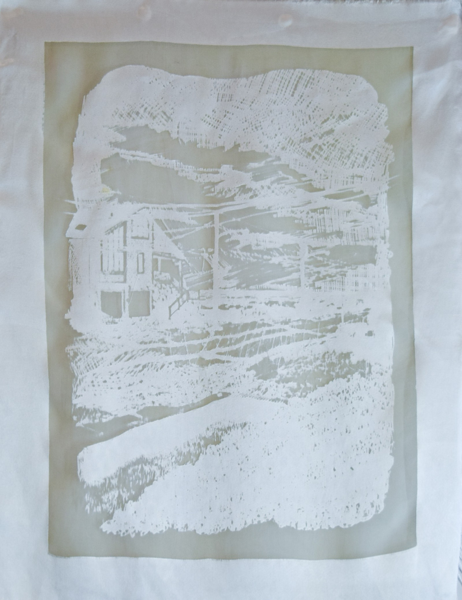 *Point Lookout 2011 (View from Porch)*, digital drawing negative screen print devoré on silk, 32 x 48cm