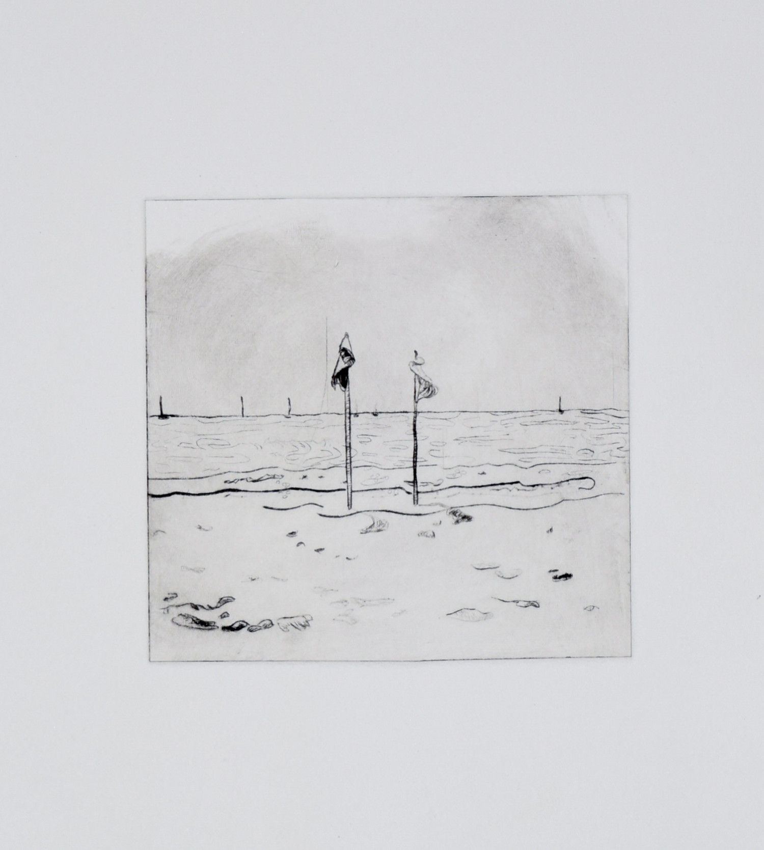 *Point Lookout Beach Flags*, drypoint print, 10 x 10cm