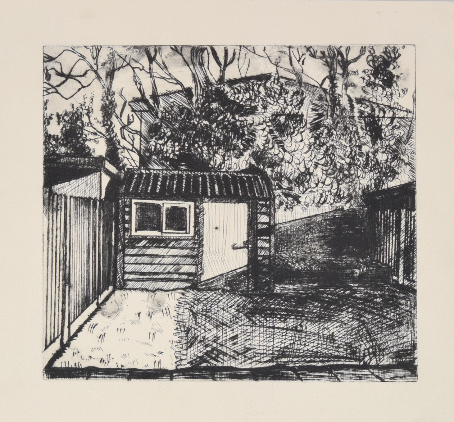 *Navan Garden (Left New York)*, drypoint print, 19.5 x 17.5cm