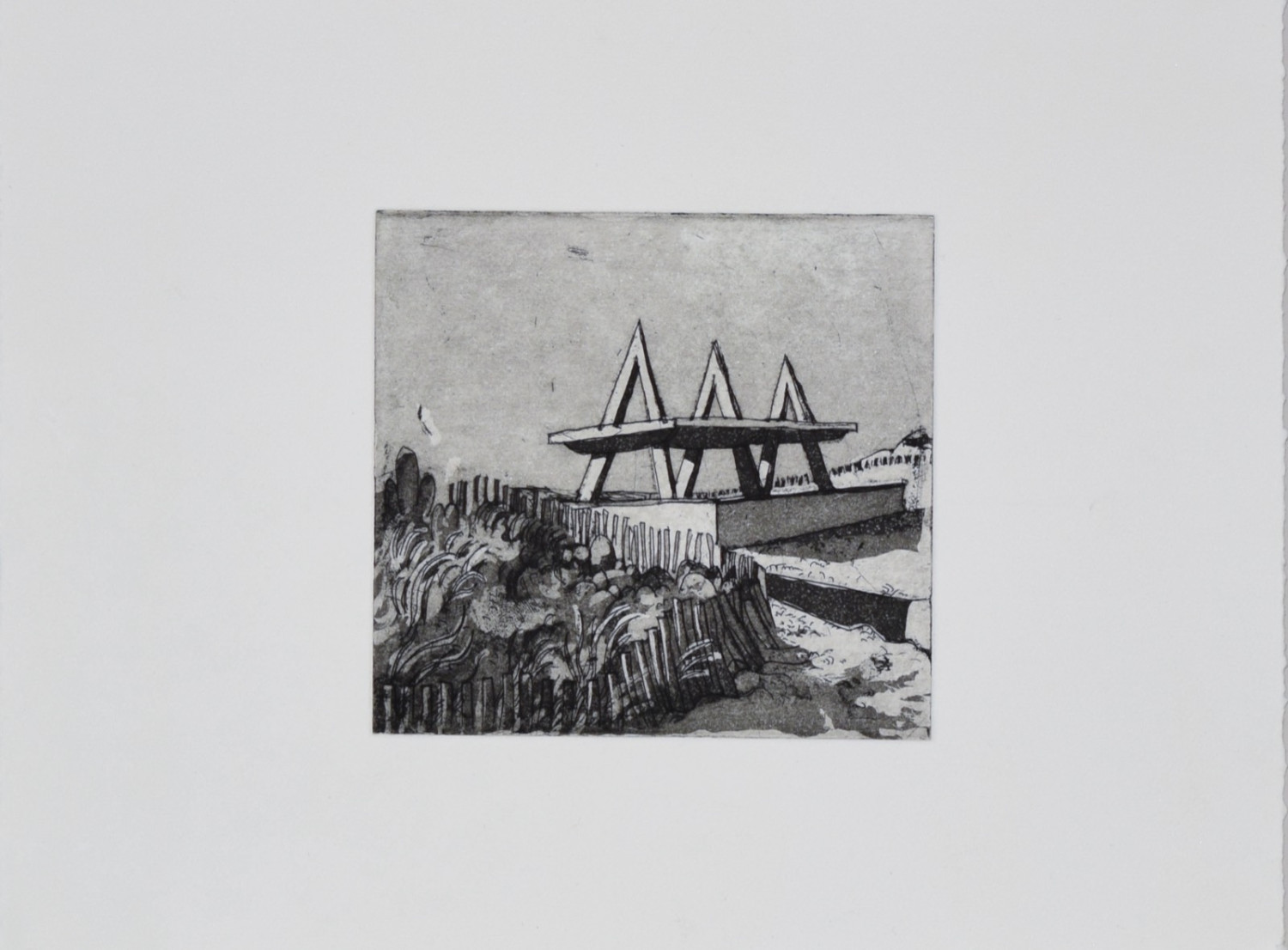 *Pavilion and Dunes (The ‘A’s)*, copperplate aquatint print, 10 x 10cm