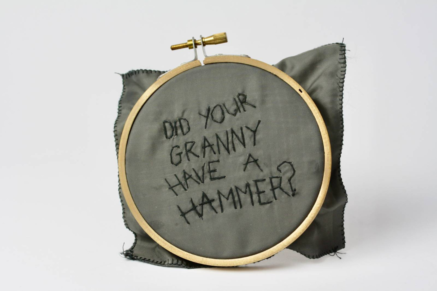*did your granny have a hammer?*, sterling silver, recycled school skirt, embroidery hoop