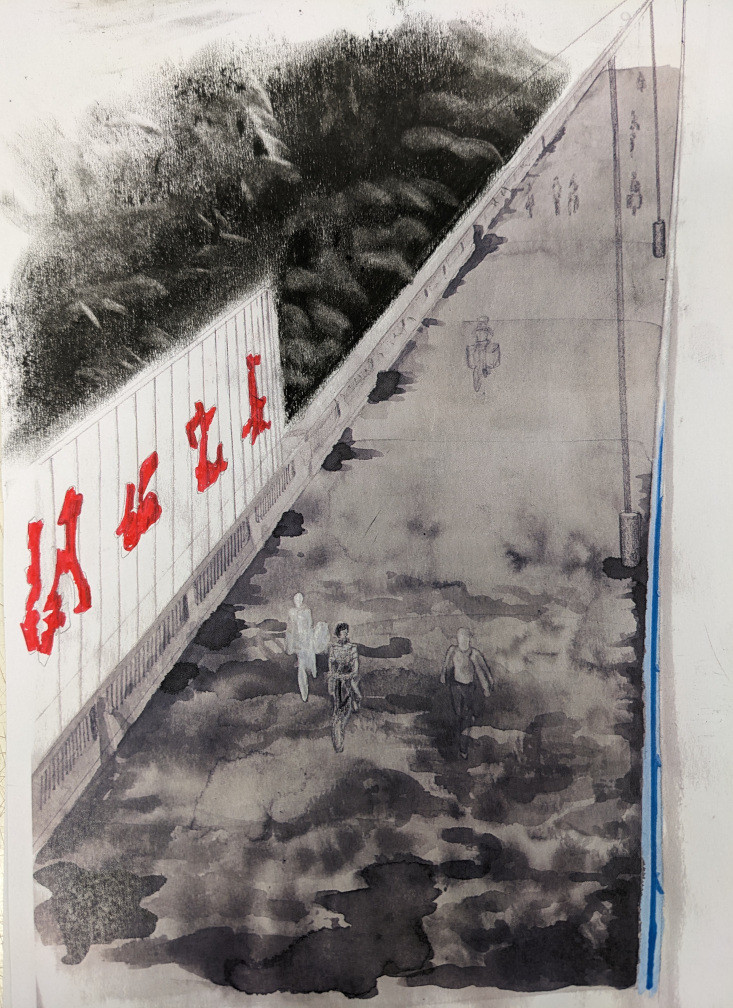 *Wuhan bridge*, graphite, charcoal, ink, gesso, gouache