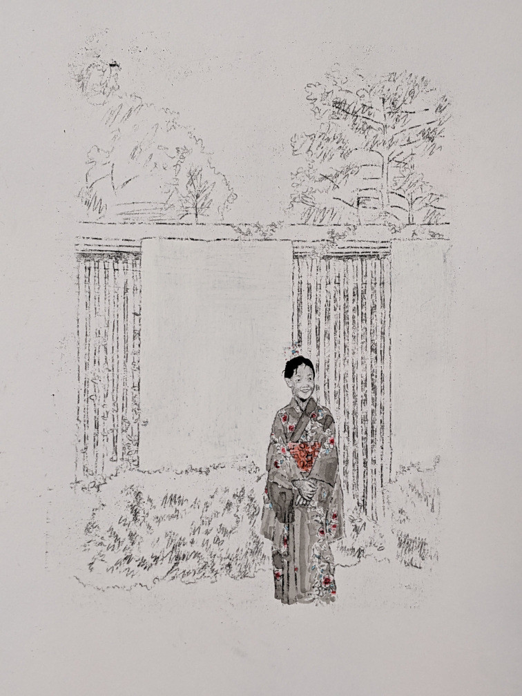 *Chinese girl in kimono*, graphite, charcoal, ink, gesso, gouache