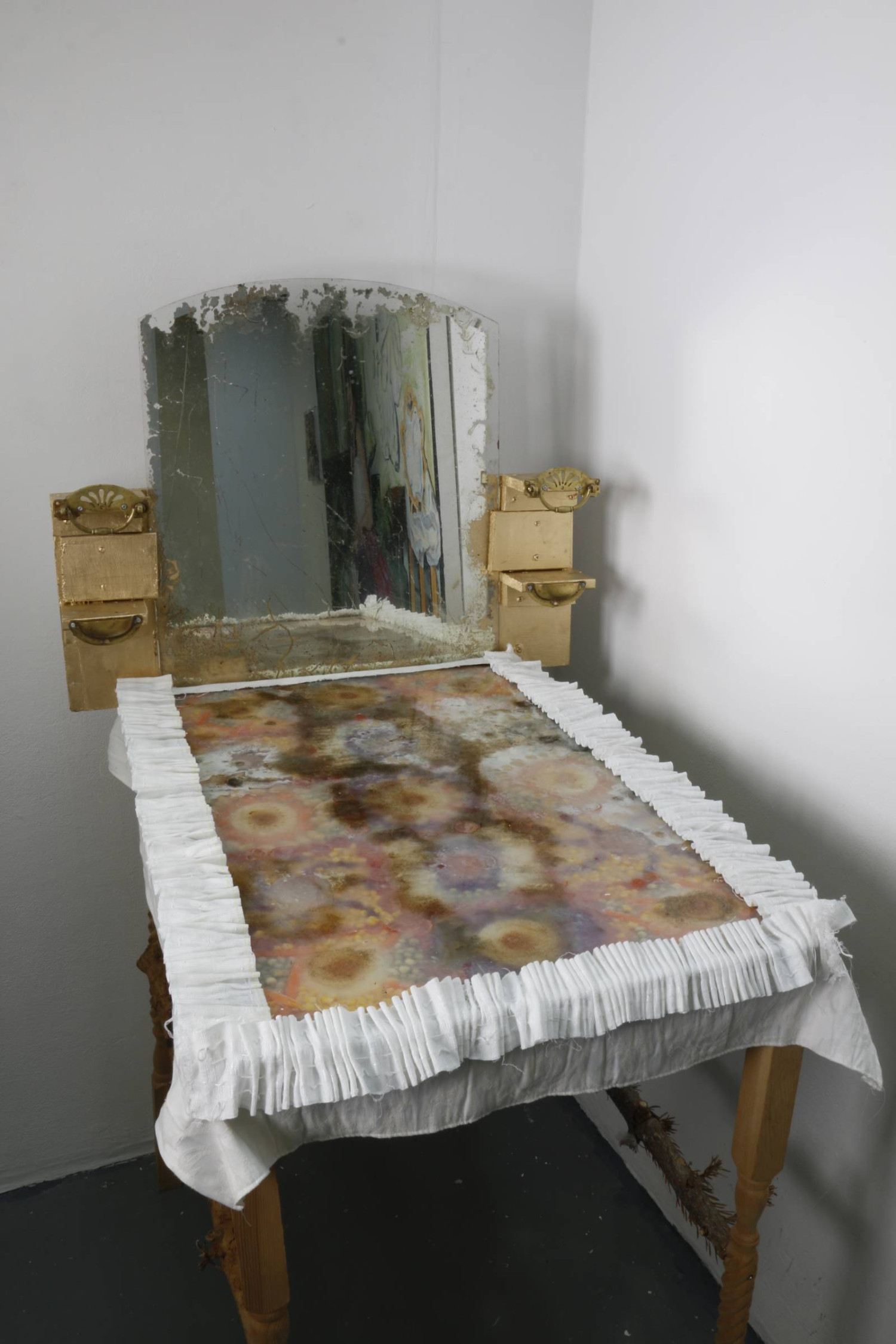 *Something hates unevenness*, Wood, tinned fruit and vegetables, glass, agar agar and found fabric, 70 x  50 x 65cm