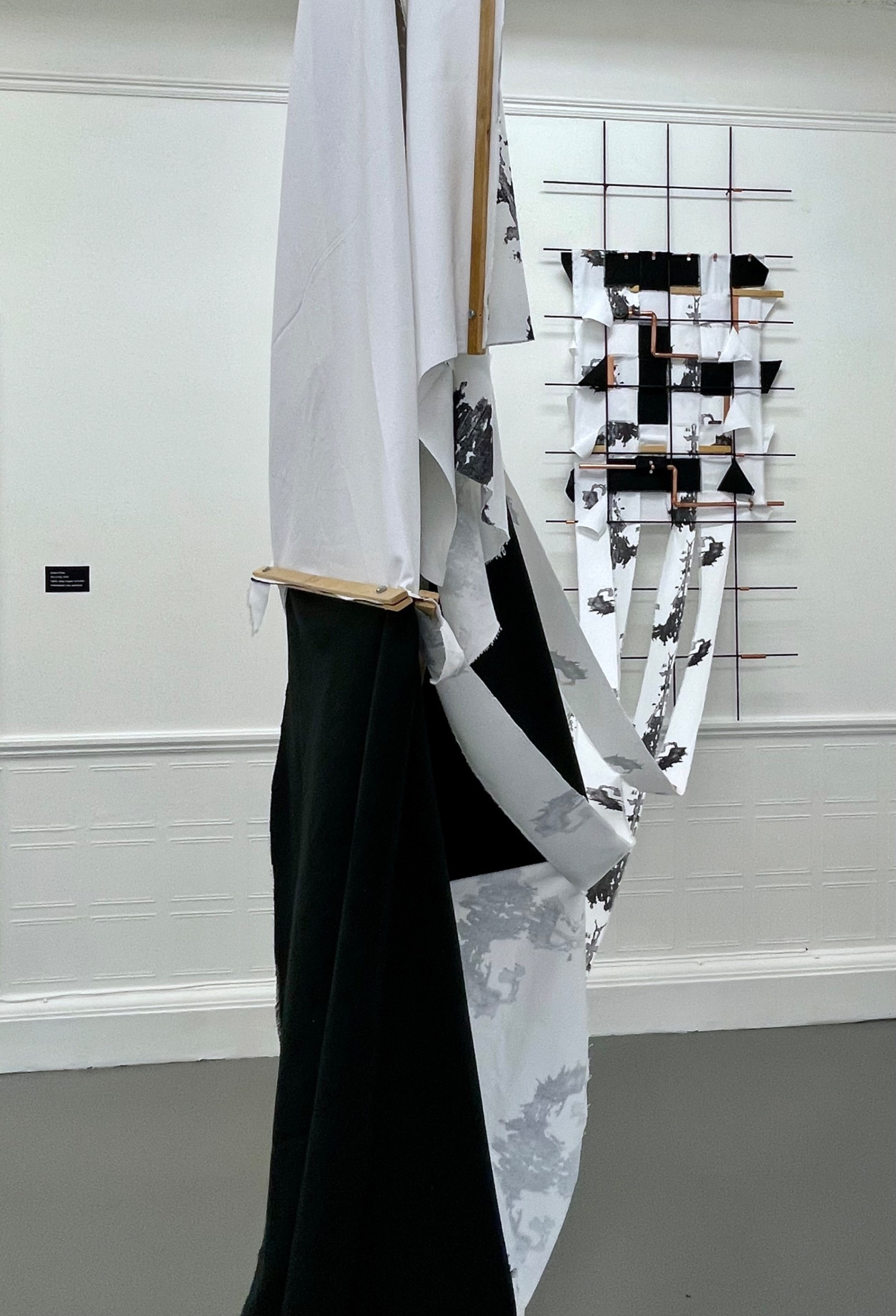 *Run* & *Fell* <br>Fabric, wood, steel, copper<br>NCAD Works 2023 exhibition, installation view