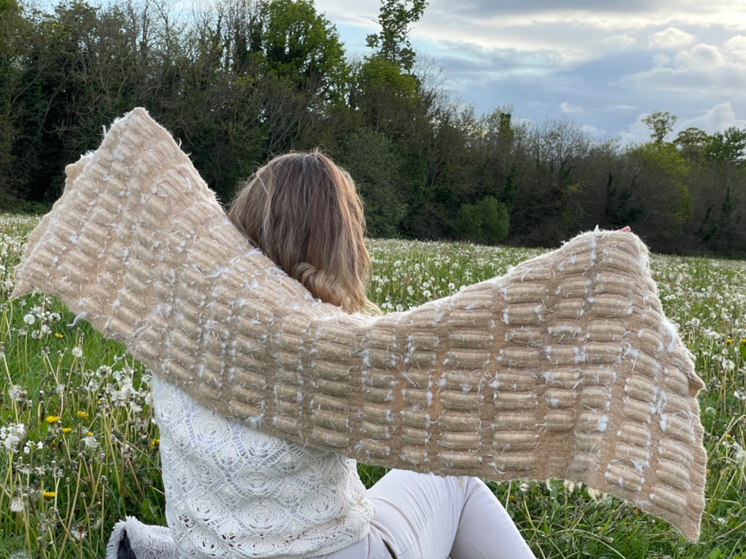 *Dove (Martin's blanket)*, feather filled knit, alpaca yarn