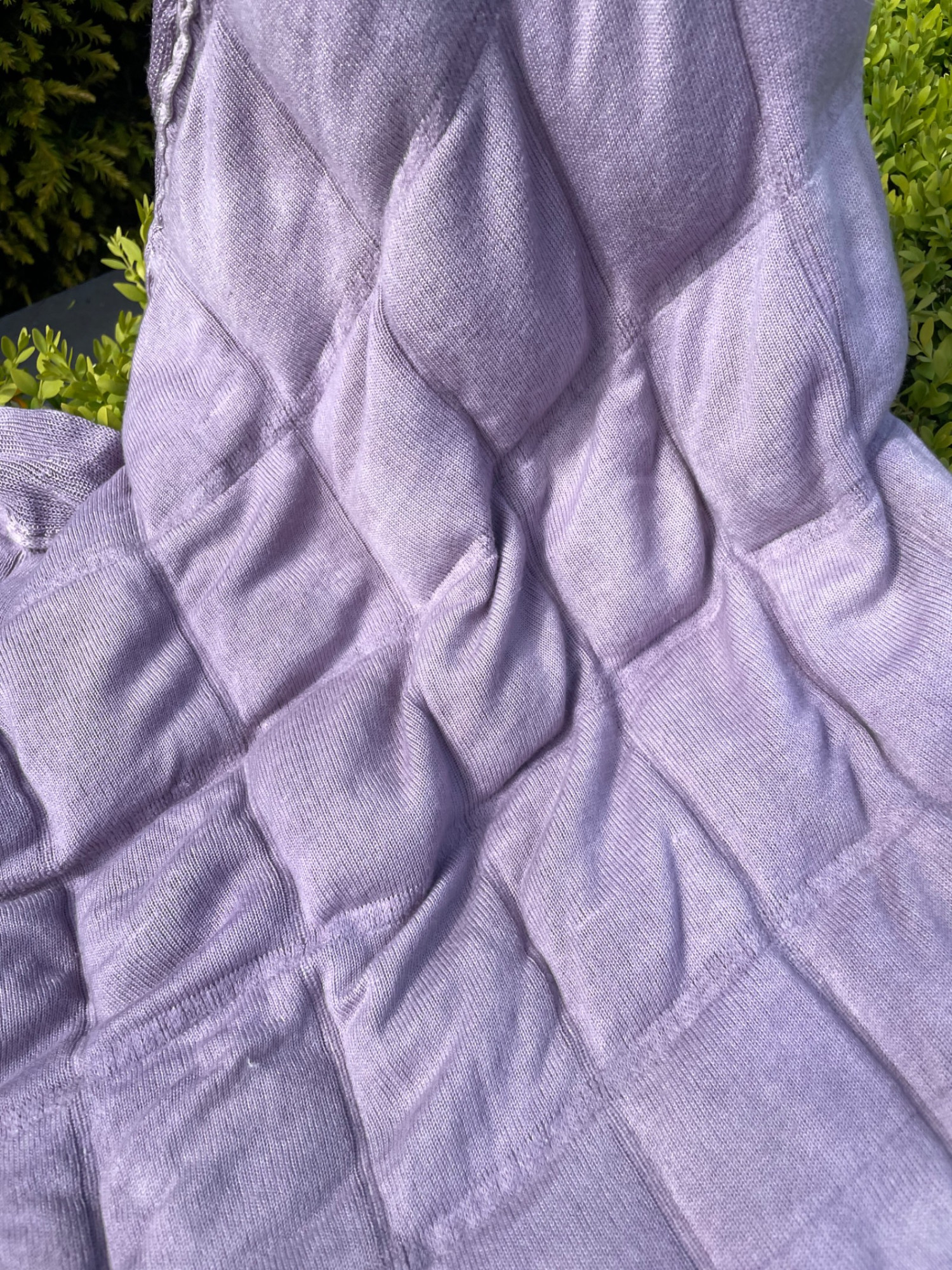 *Moral Fibre (Catherine’s blanket)*, logwood dyed knit, filled with beans, merino wool