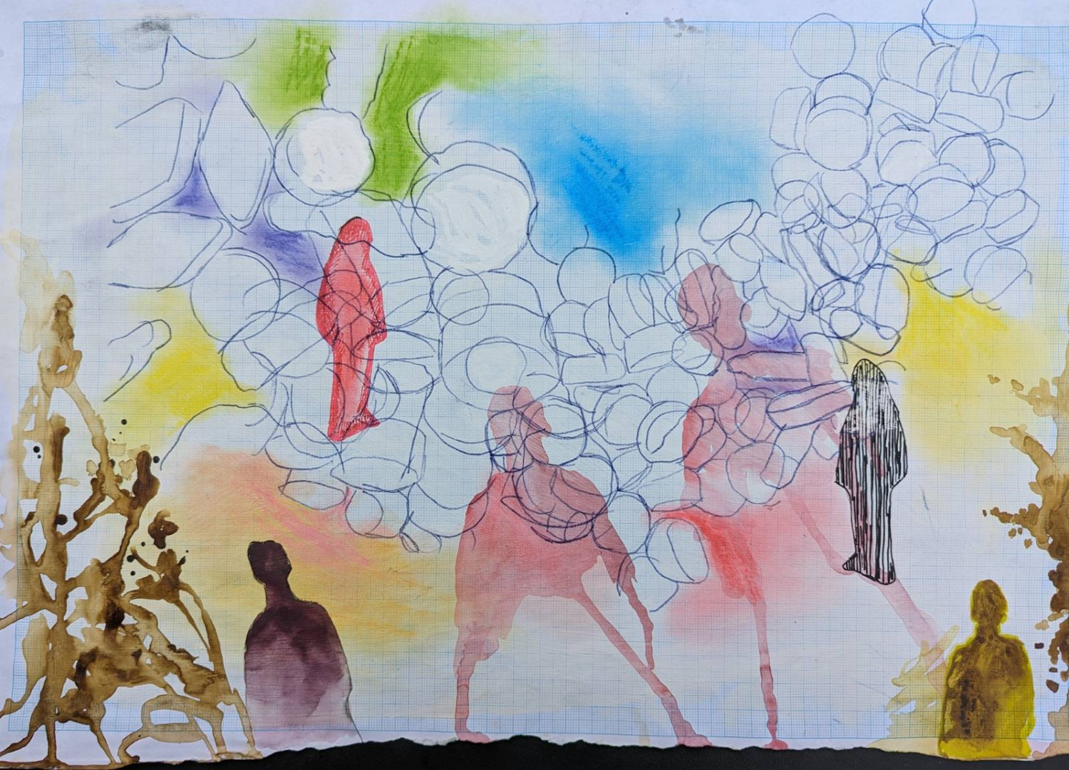 *Memory Overload*, graph paper, gesso, blue carbon, watercolour, acrylic ink, chalk, 29.7 x 42cm