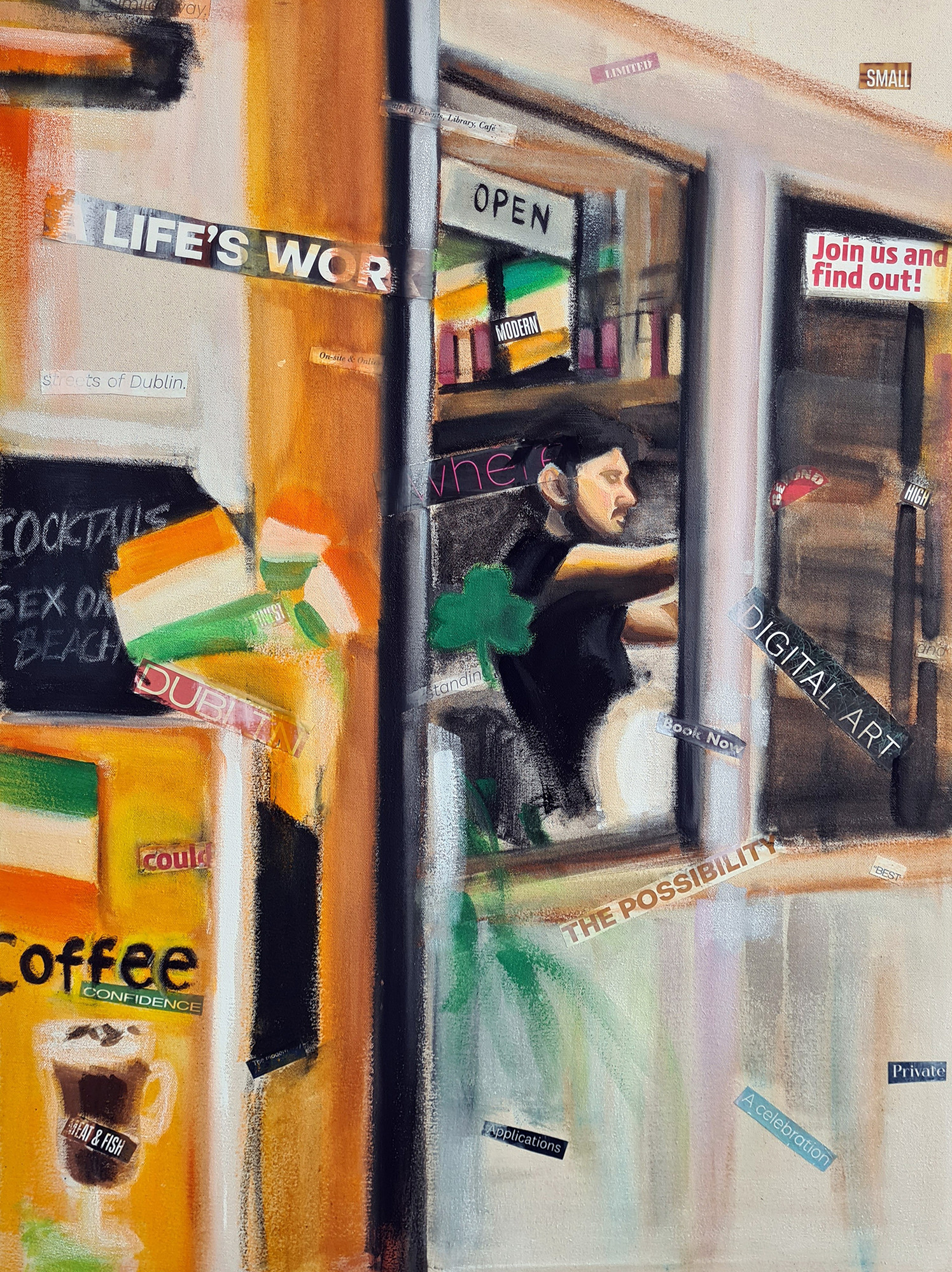 *Irish café*, gouaches and text collage on canvas, 60 x 80cm