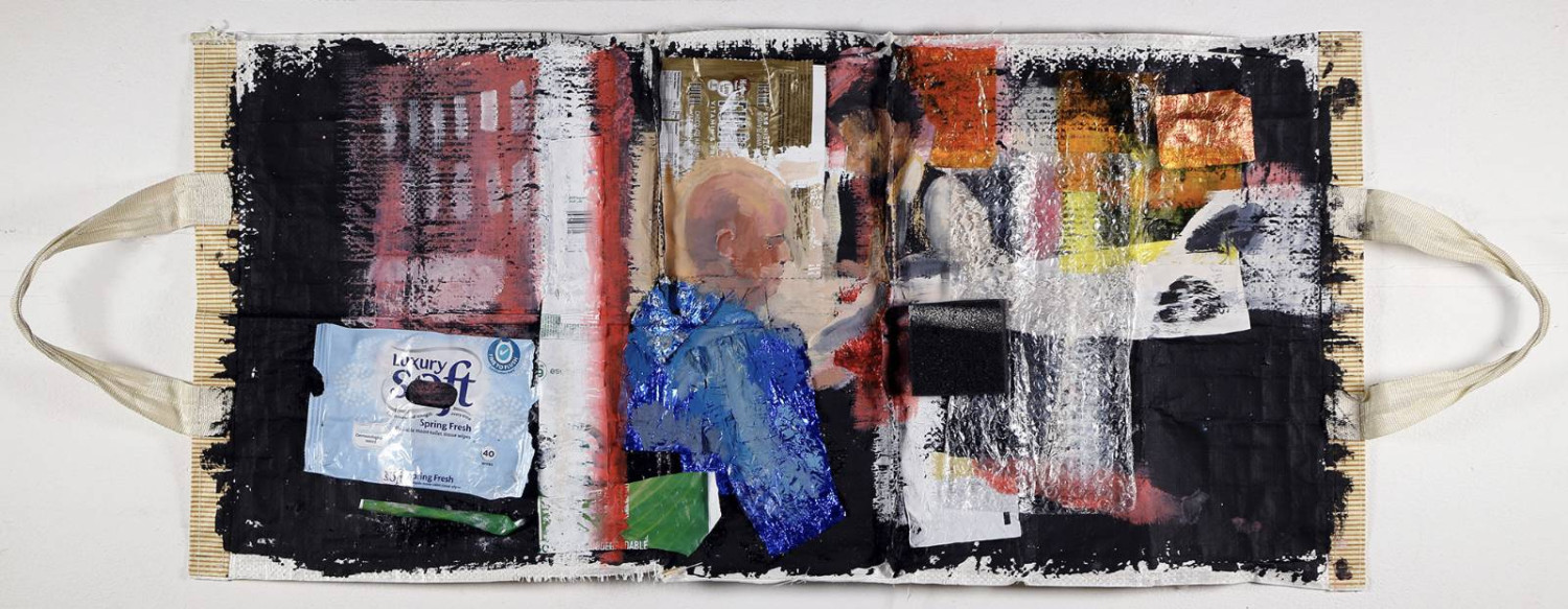 *Restaurant window*, black gesso, gouaches and mixed media on Dunnes' shopping bag, 89 x 42cm
