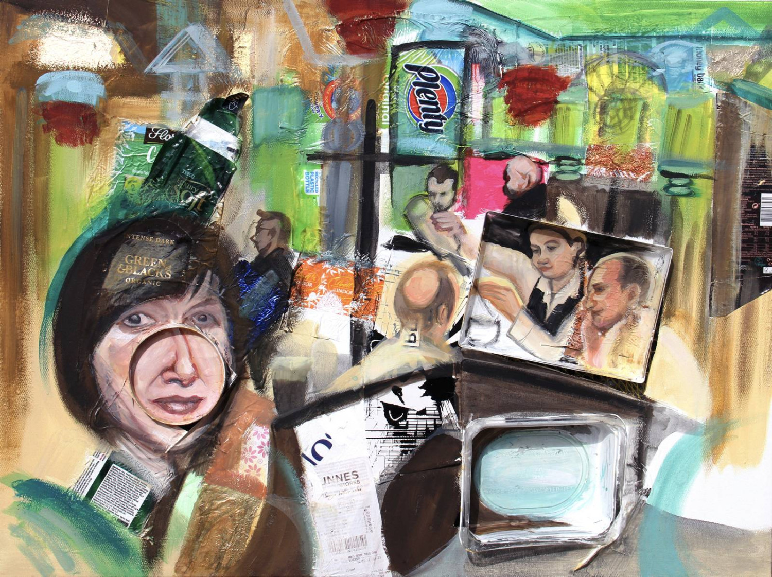 *St. Paddy’s Eve*, gouaches, wax pastels and mixed media on canvas, 80 x 60cm