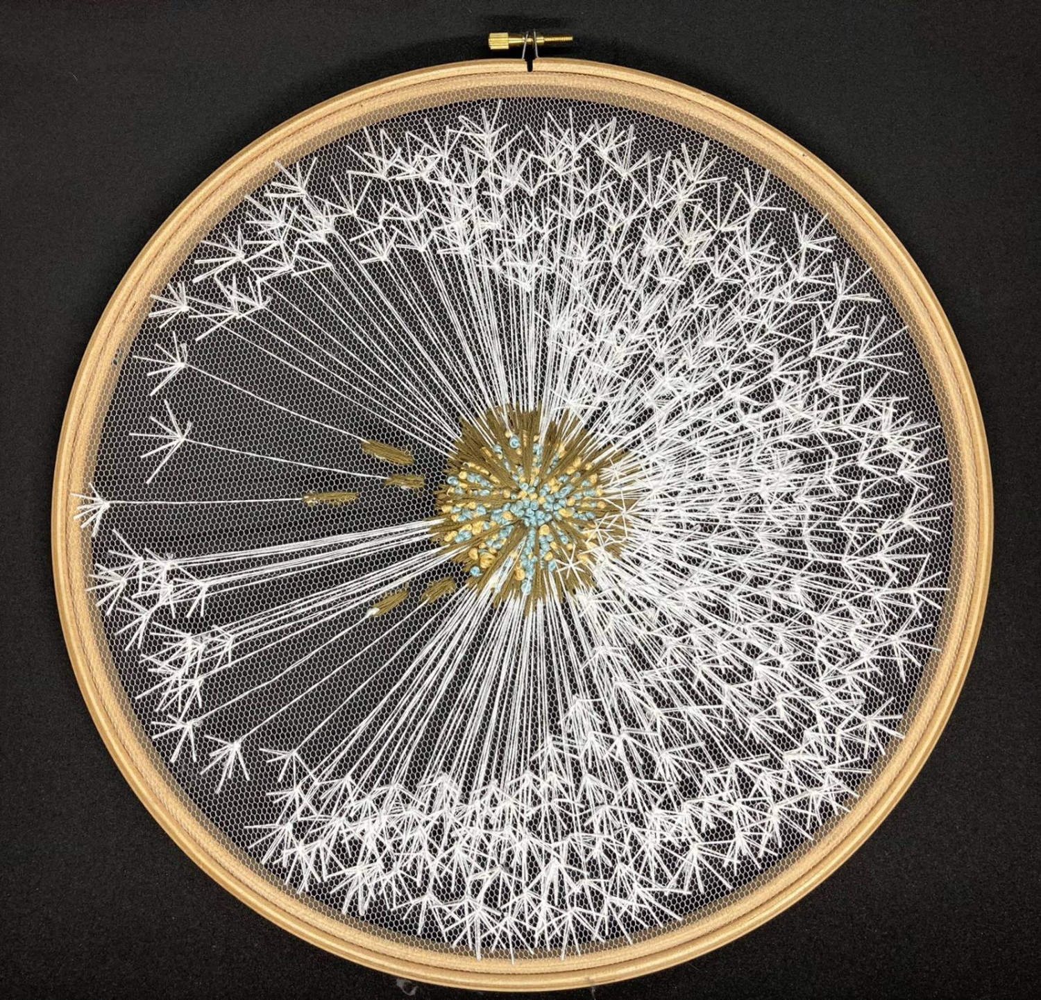 *Dandelion Clock*, embroidery on tulle in wooden hoop, 30.5cm wide hoop