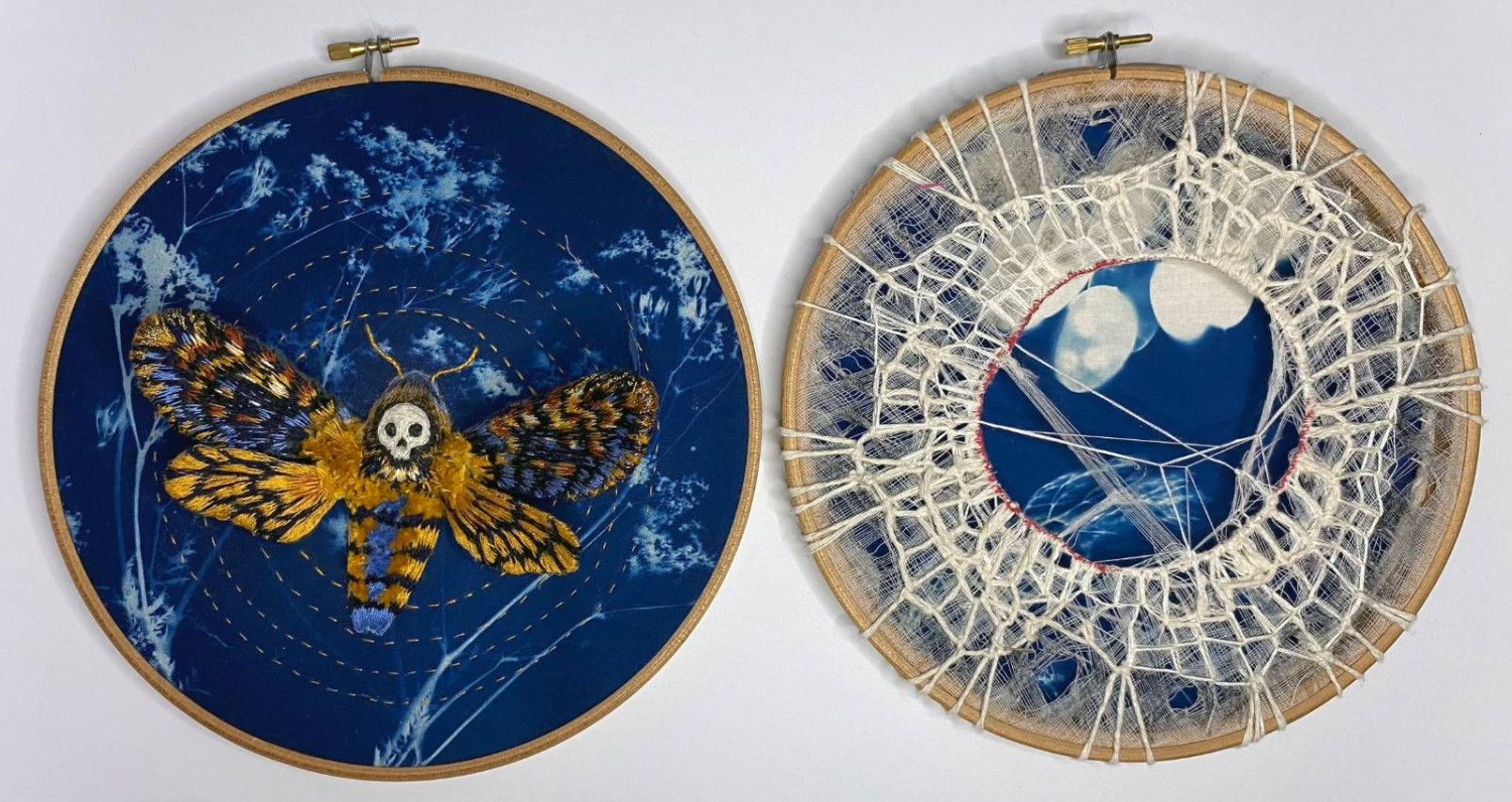 *Death is woven in*, mixed media embroidery on print, stumpwork, wirework and lacework on botanical cyanotype print, repurposed fabric, recycled yarn and cheesecloth mounted in wooden embroidery hoops, 25 x 48 x 6cm