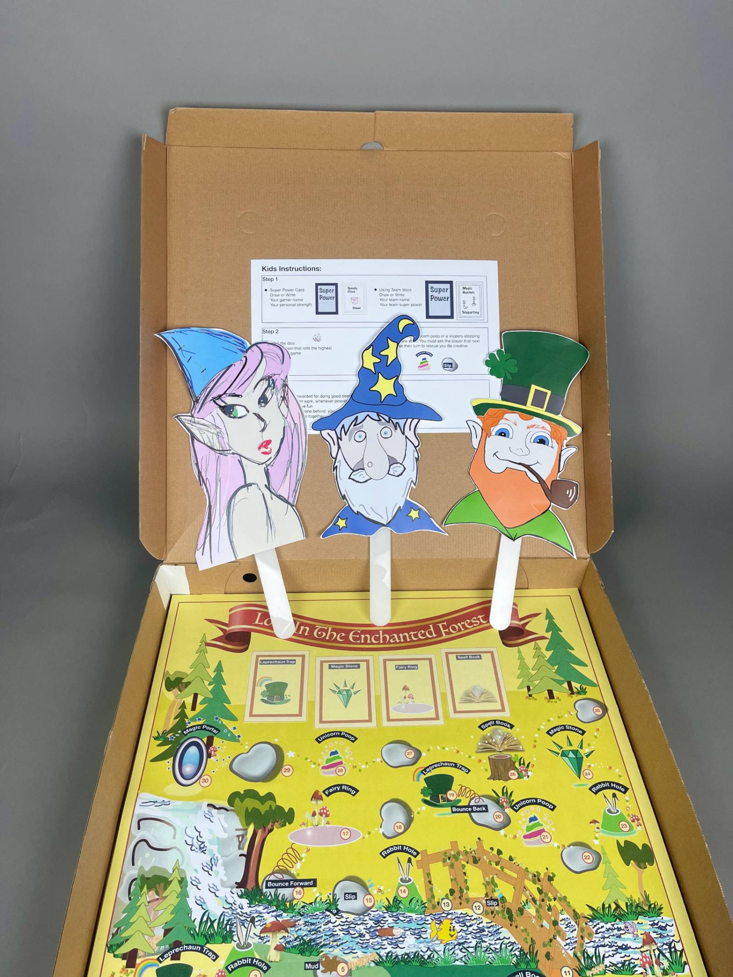 Box, instructions, characters