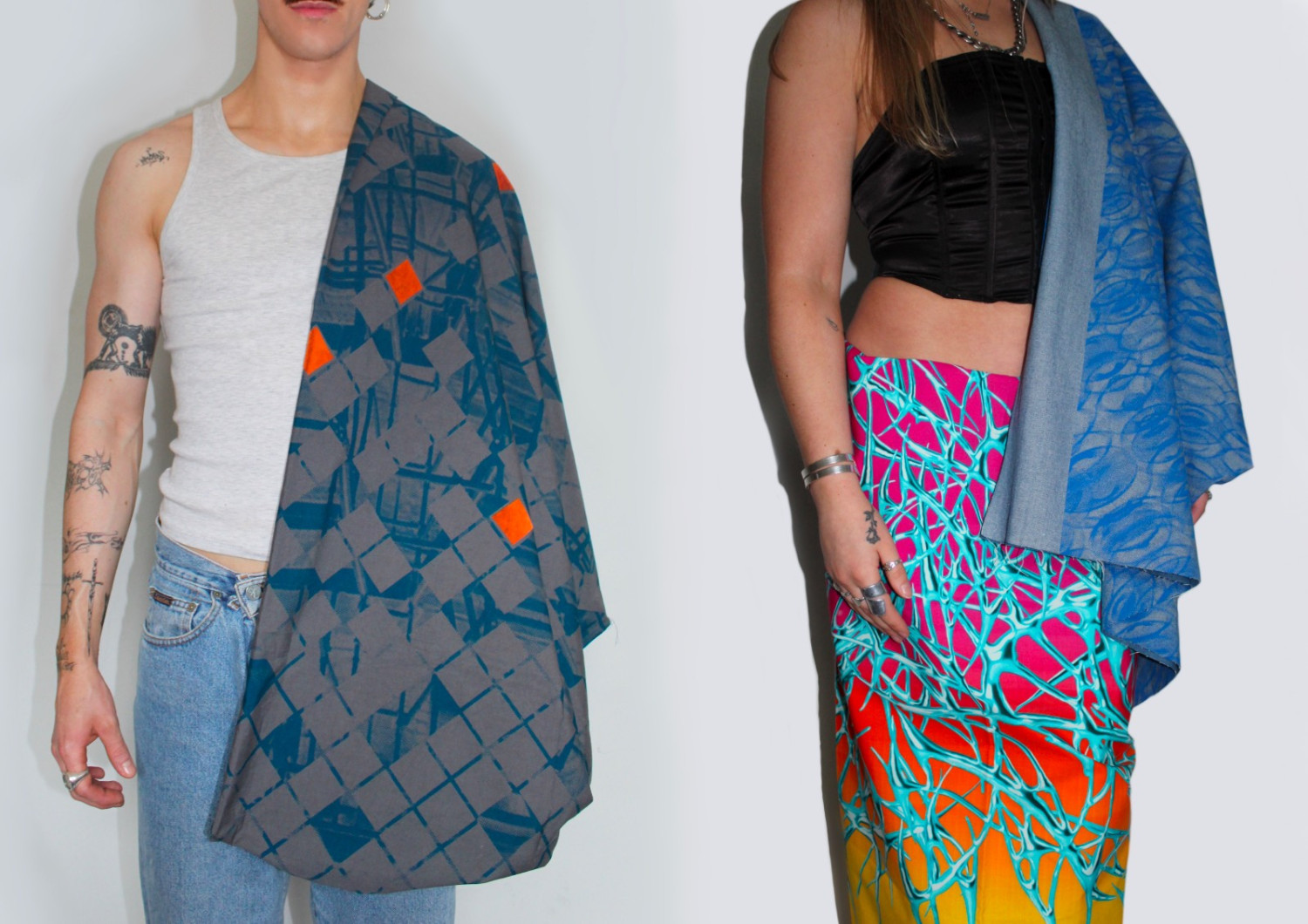 Left: Turquoise reactive and orange flock on cotton poplin; Right: Blue repeat pigment print on denim and digital print on cotton poplin