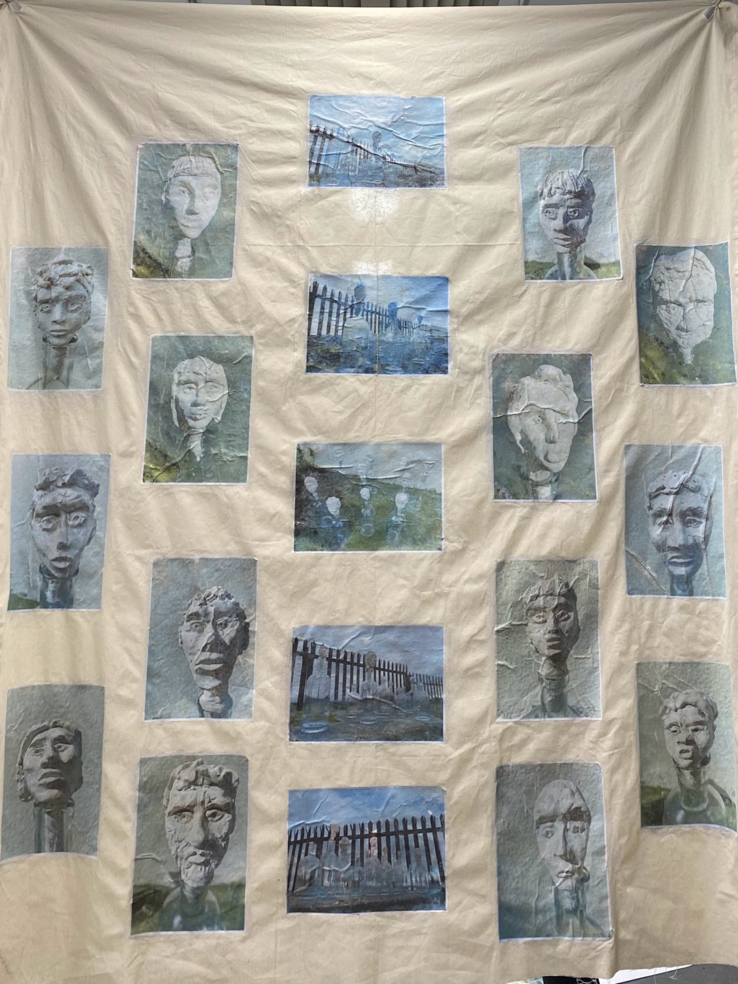 Tapestry wall hanging with portraits, photos on calico, 200 x 200cm