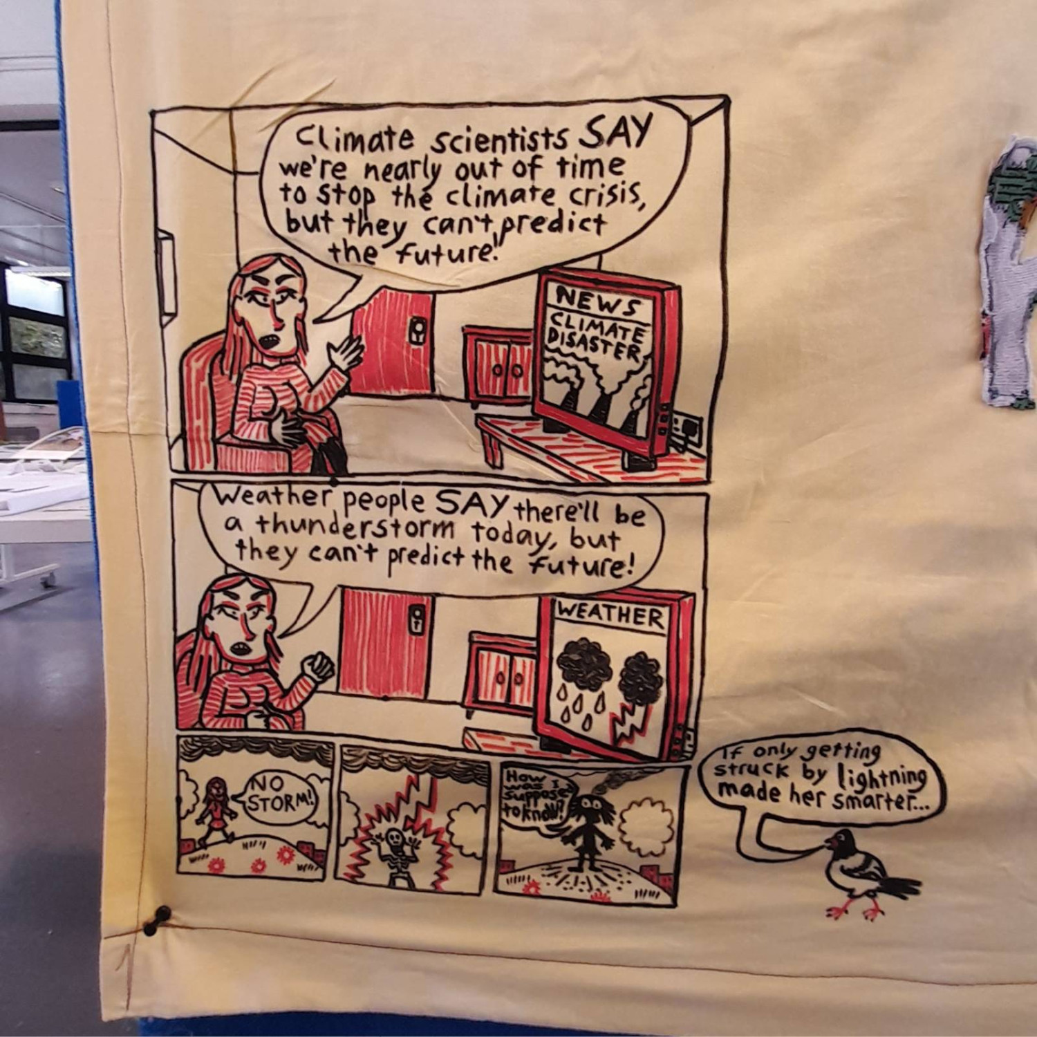 A close up on the banner, showing a comic